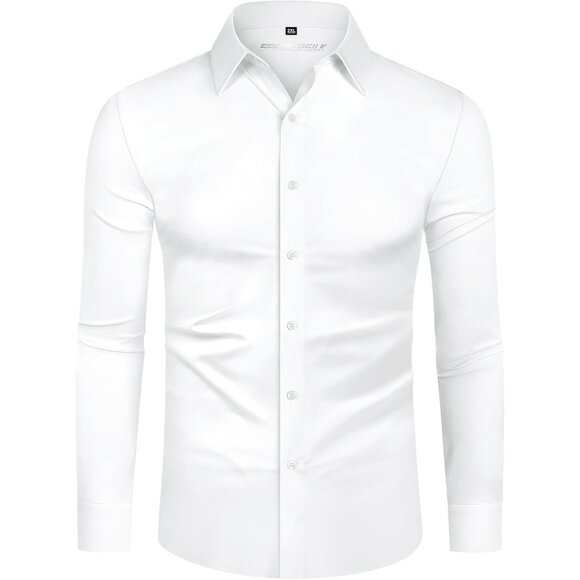 Men All White Long Sleeve Slim Muscle Fit Wrinkle Free Button Down Dress Shirts - Picture 8 of 9